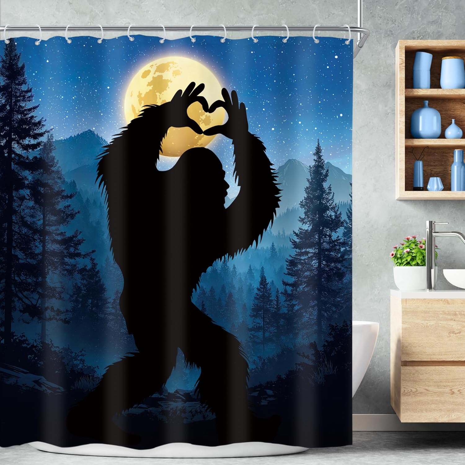 Bigfoot Shower Curtain Moonlight Forest Silhouette Monster Wildlife Scene Night Sky Bath Decor Waterproof Fabric Mystery Animal 90x180cm35x71in