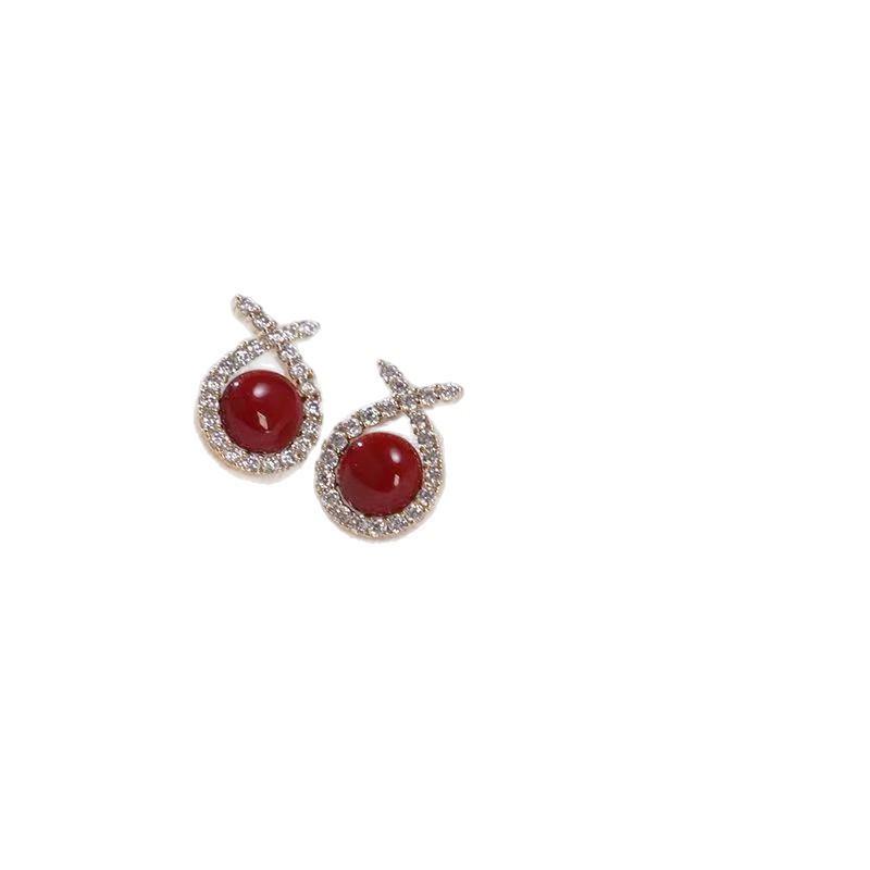 Elegant Red Pearl Rhinestone French Earrings: Women's Light Luxury Fashion Accessory