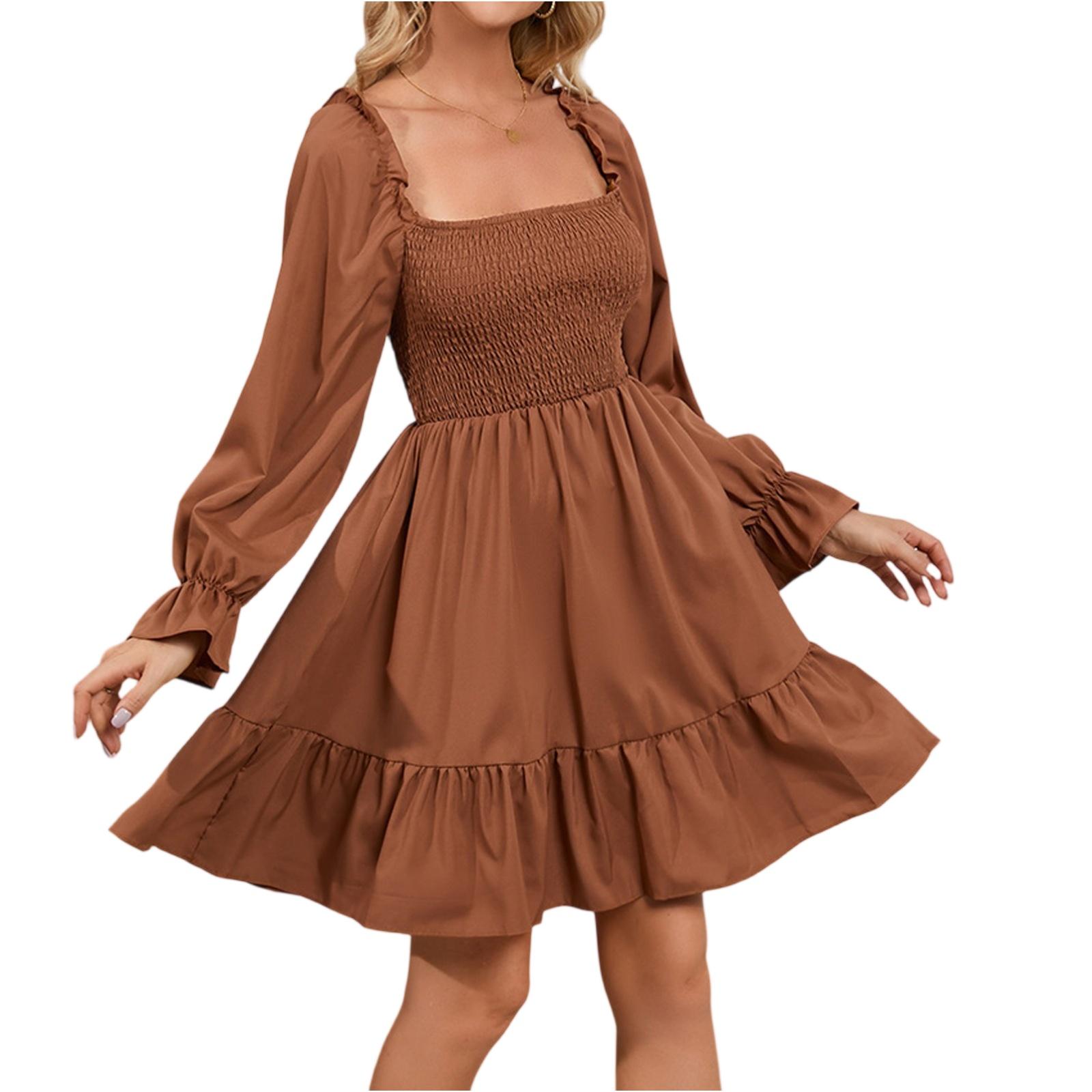 Women s Square Neck Dress Long Sleeve Ruffle Hem Smocked Bodice Casual Mini Dress with Flared Skirt for Everyday Wear XL верблюд