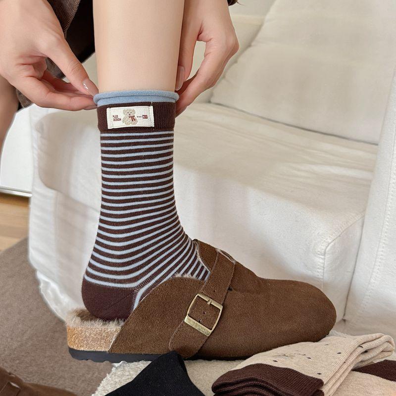Korean Striped Cloth Label Cute Bear Mid-Tube Socks Contrasting Boneless Cotton Socks