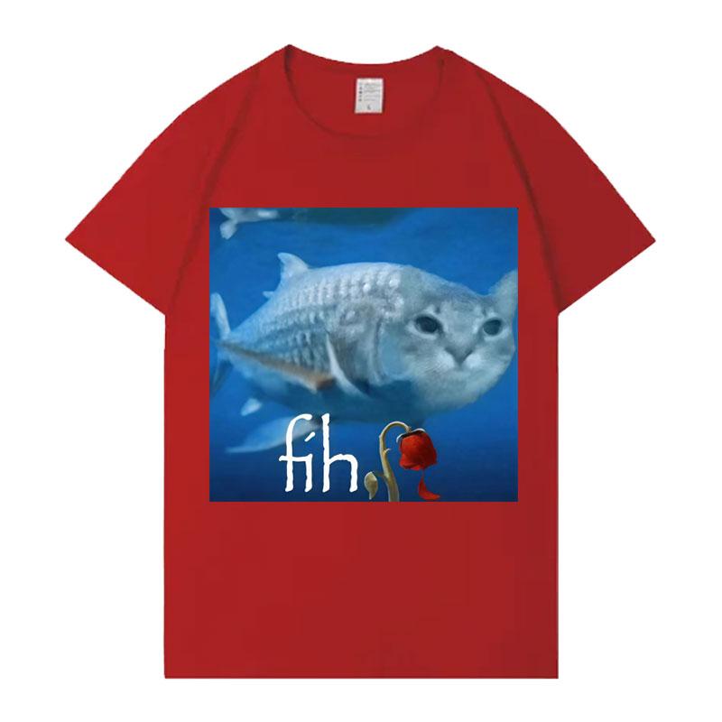 Lustiges Fisch- und Katzenmuster T-Shirt Damen Rundhals trendiges T-Shirt lässig und ästhetisch ansprechende Streetwear Persönlichkeit