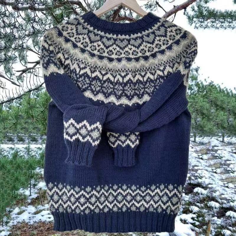 DAFIFY Women's Fashion Casual Geometric Print Fall Winter Long Sleeve O-Neck Sweaters