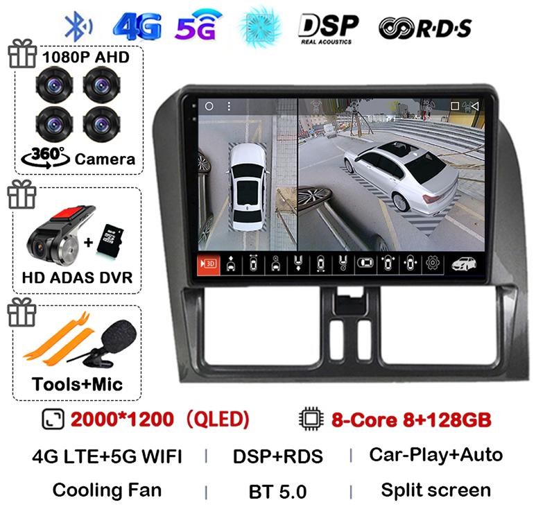 Android 14 Carplay Auto For Volvo XC60 2009-2017 Car Radio Multimedia GPS Navigation Video Player Autoradio Stereo Head Unit DSP