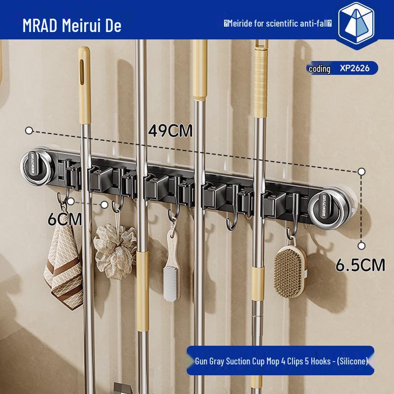 Movable Suction Cup Mop Clip Wall-Mount Storage Rack