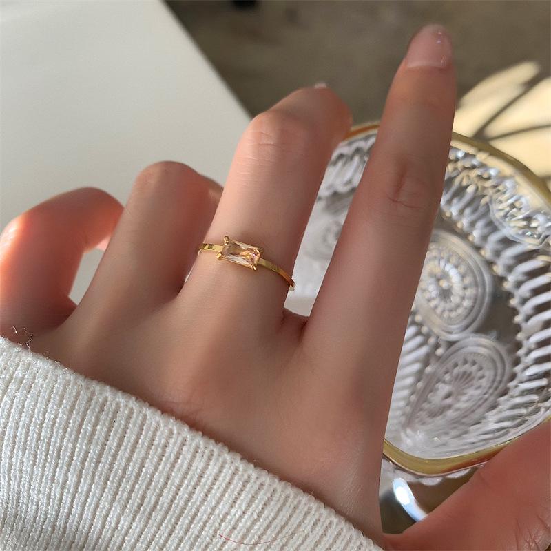 18K Gold-Plated Square Diamond Ring for Women: European & American Fashion, Available in Four Colors, Titanium Steel.