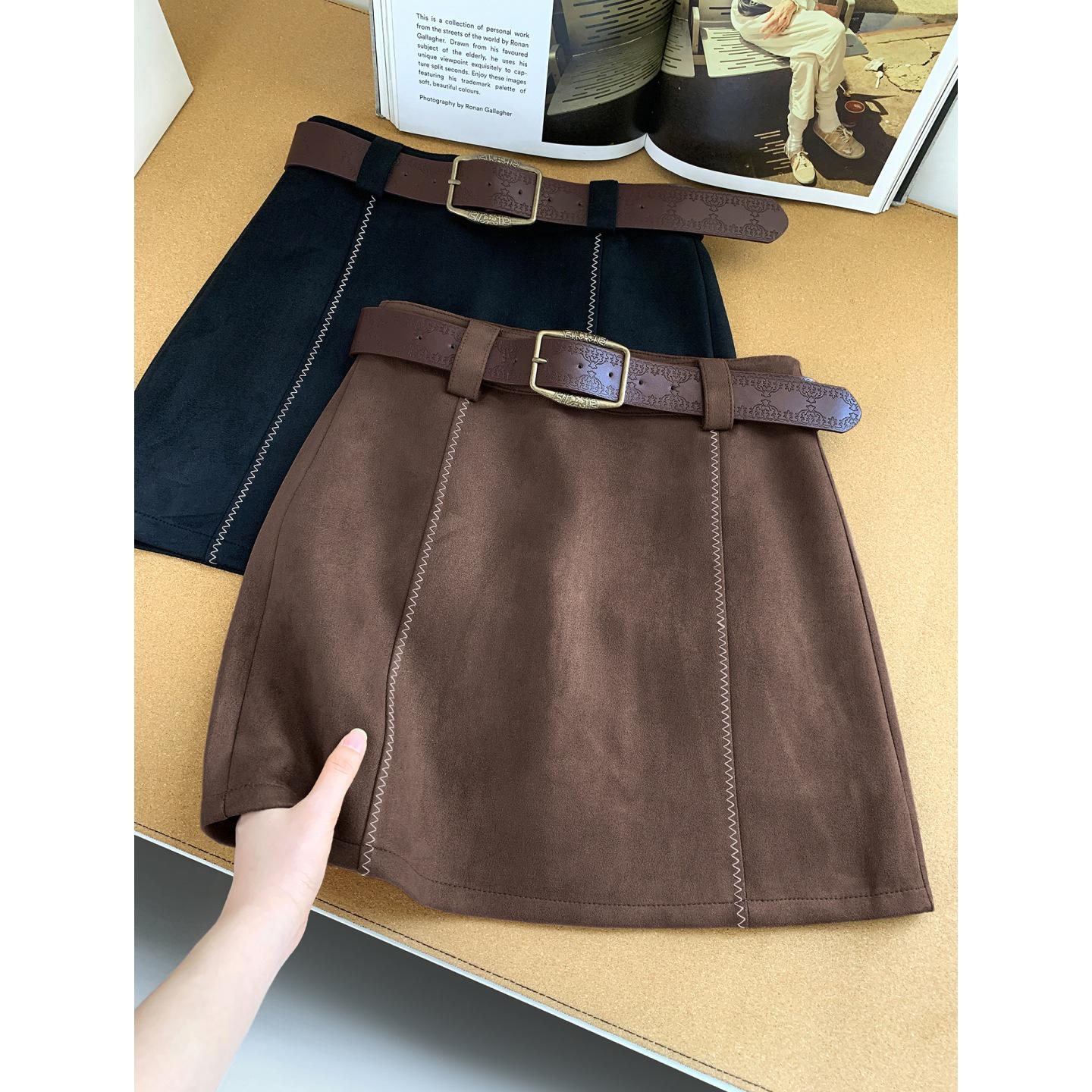Coffee High-Waisted Suede Plush Mini Skirt - Women s 2026 Spring/Autumn Versatile A-line Elegant Half-Skirt L