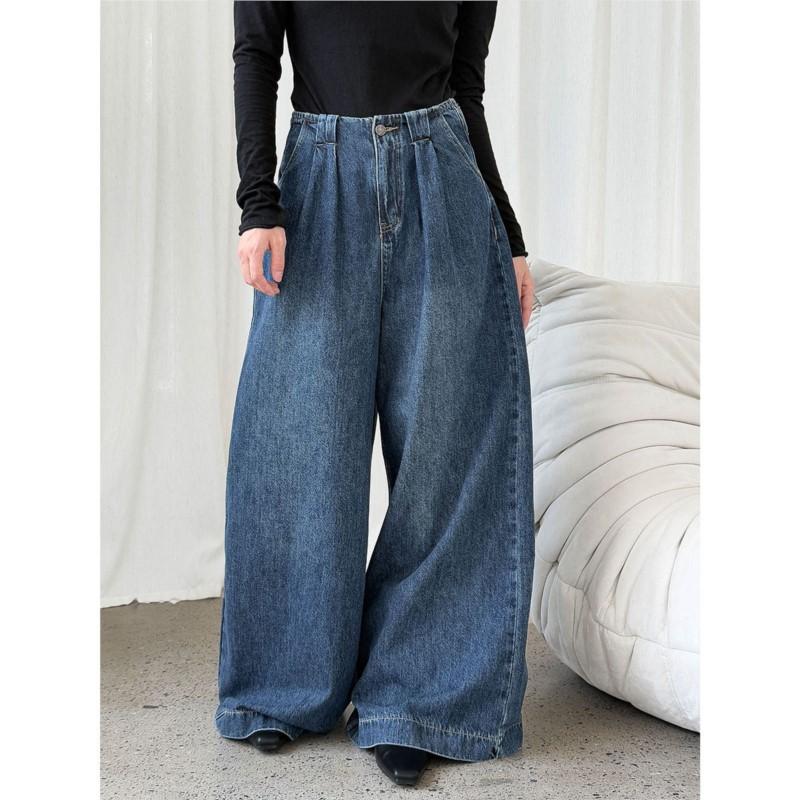 Johnature Retro Casual Washed Jeans Women Autumn Wide-leg Floor-length Pants