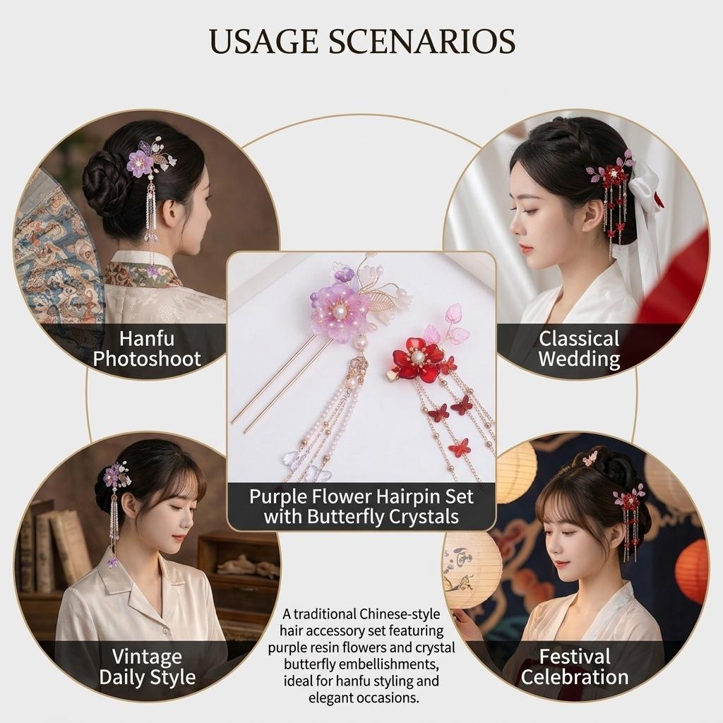 Flower Hairpin With Butterfly Crystal Hair Clip Set Traditional Chinese Style Elegant Ornament For Hanfu Wedding And Festival