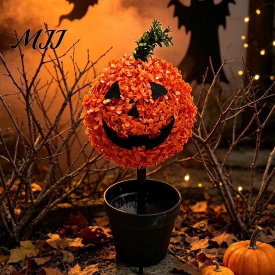 Outdoor Fall Yard Decorations Artificial Pumpkin Topiary Tree, Halloween Face Faux Boxwood Plants with Stake, Decorative Orange Autumn
