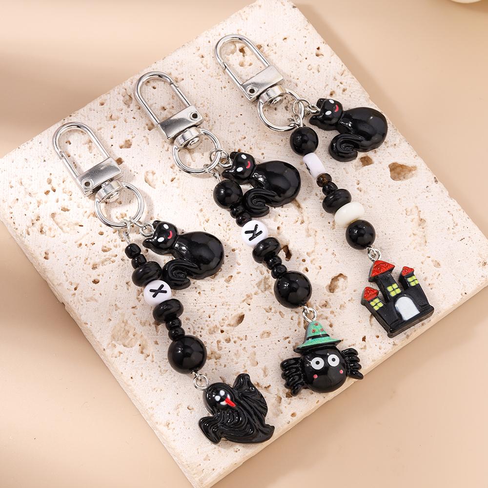 New Halloween Castle Ghost Keychain Black Cat Key Ring Pendants for Women Girls Handbag Charms DIY Key Chain Jewelry Gift