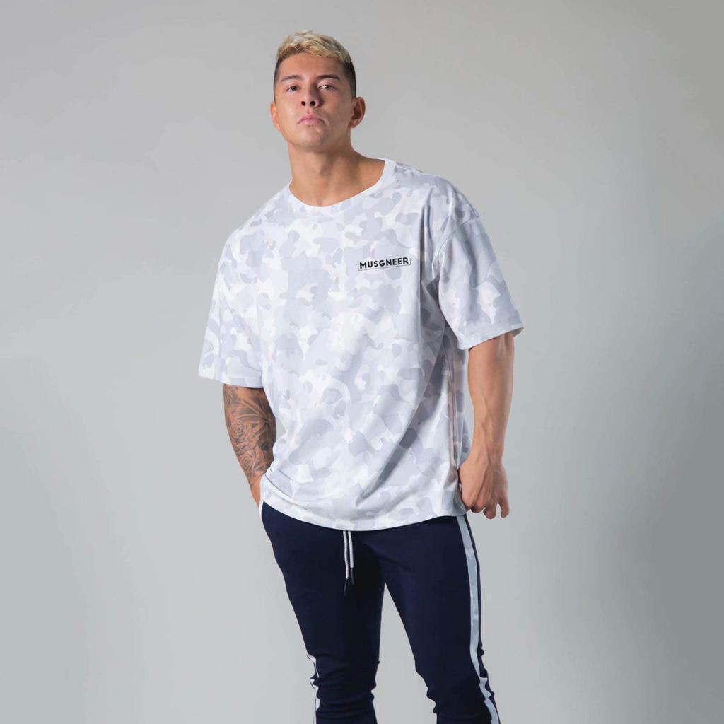 Musgneer Men's Gym T-Shirt, Stretch Short Sleeve, Fitness, Training, Muscle Training, Sports, Stylish, Oversized, Camouflage White, Size M