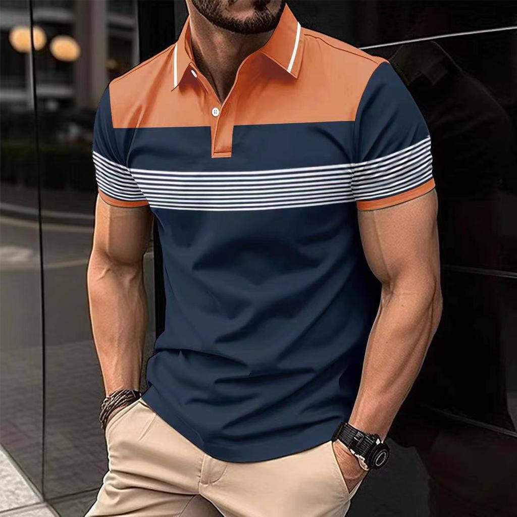 New Short-Sleeved Men's Casual Polo Shirt with Collar and Buttons Versatile Business-Striped T-Shirt Top