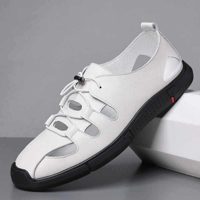 

2025 summer new men s leather breathable sandals men s soft leather soft sole non-slip white hollow overshoes 602 44 білий