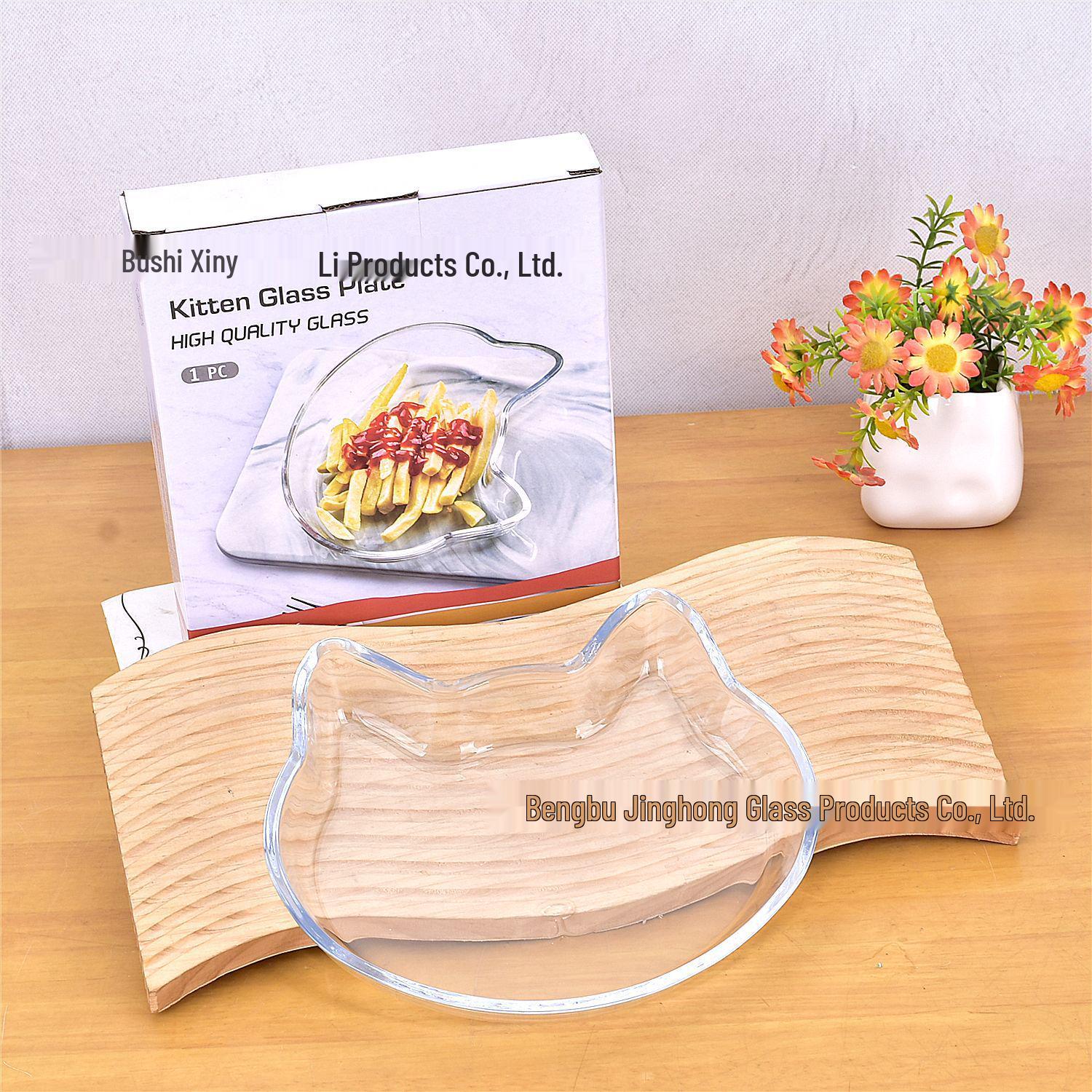 Cat Cartoon Glass Portion Plate for Dumplings and Wontons