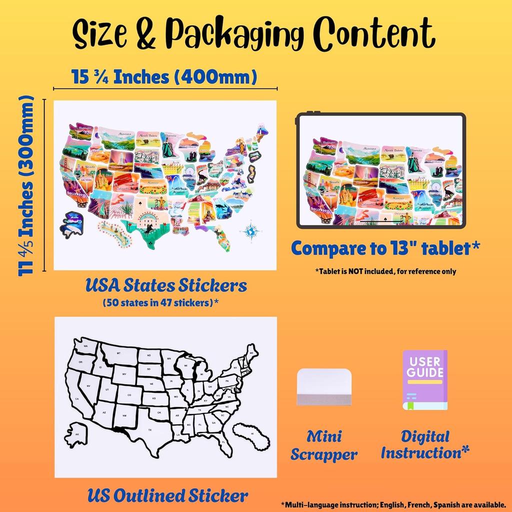 ACIMONE RV State Travel USA Map Sticker, 11 ⅘“ X 15 ¾” Visited States Sticker Decals For Outdoors & Indoors- Road Trip America Map Of United