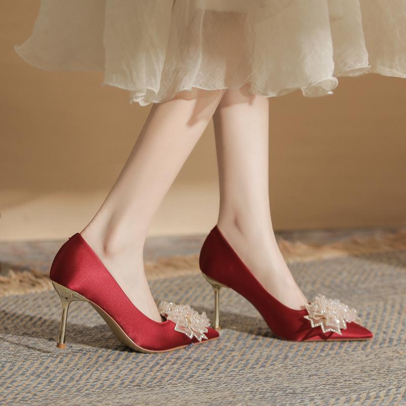 Women's Shoes Wedding High Heels Not Tired Feet Silk Sequined Flower Shoes Stiletto Women's Shoes Versatile Pointed Single Shoes