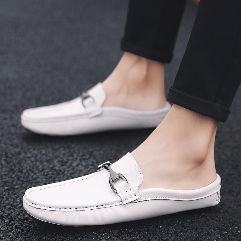 Fashion Leather Men Half Slippers Summer Breathable Mens Casual Shoes Slip-on Lazy Driving Shoes Comfortable Walking Loafers Moccasins