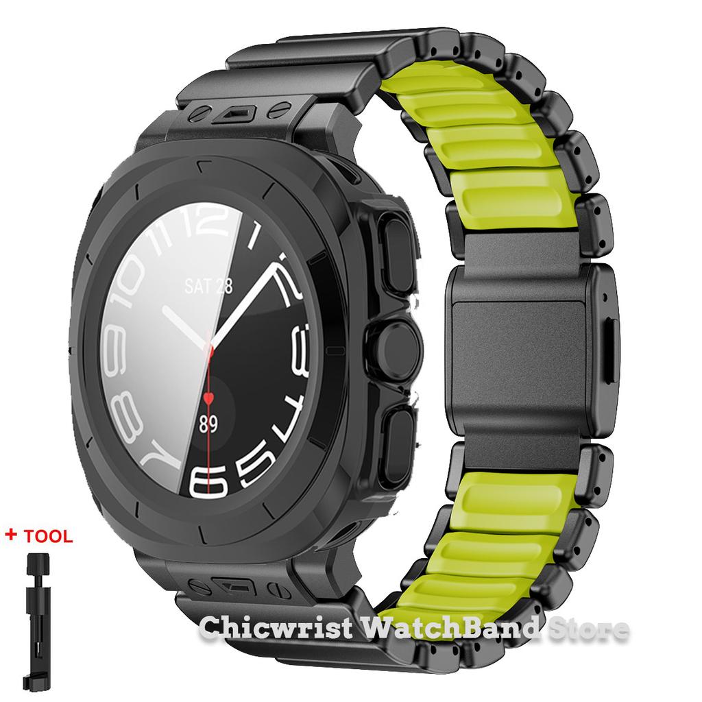 Armband+Hülle für Samsung Galaxy Watch Ultra 2025/7 ultra Edelstahl Gummiarmband Gehärtetes Glas Displayschutz Hülle aus Hart-PC
