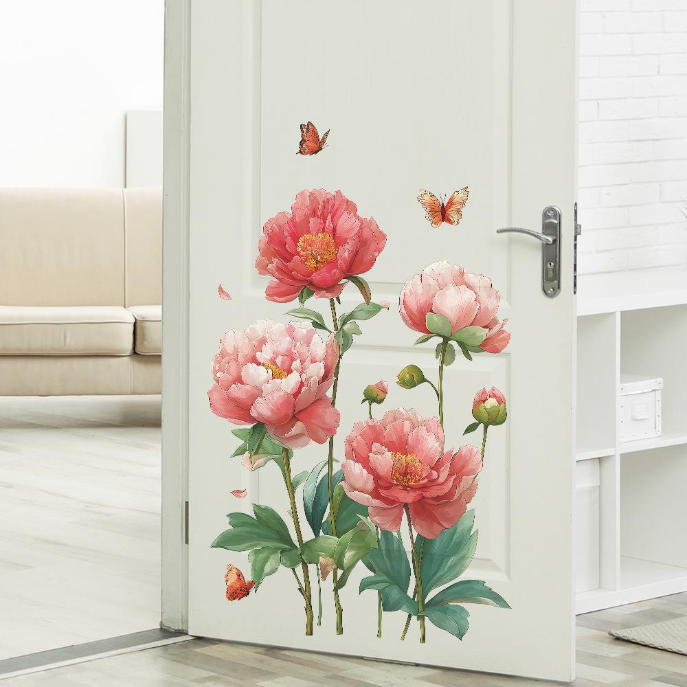 Home Background Wall Decoration Stickers Featuring Noble Peonies and Dancing Butterflies