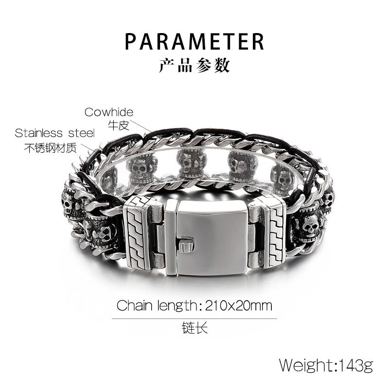 

Fongten 22cm Stainless Steel Bracelet for Men Skull Symbol Weave Cowhide Chain Charm Men s Wristband Bracelets Bangle Jewellery