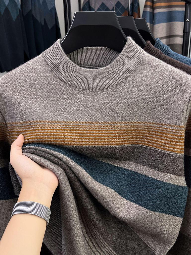 Men's Autumn/Winter 2025 Striped Knit Sweater - Middle-aged, Round Neck, Loose Fit, Elastic, Dad's Wardrobe Essential