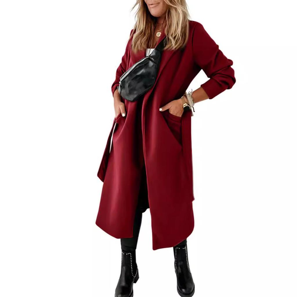 Manteau Classique pour Femme Col à Revers Ouverture Devant Ceinture Longue Veste Trench-Coat Long Élégant – Manteau Long à Revers Ceinturé