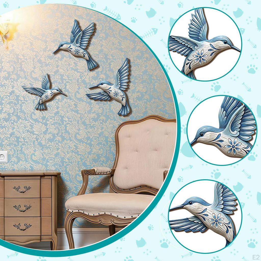 3Pcs Hummingbird Wall Decoration 2D Art Decor Cute Artwork Hanging for Living Room Hallway