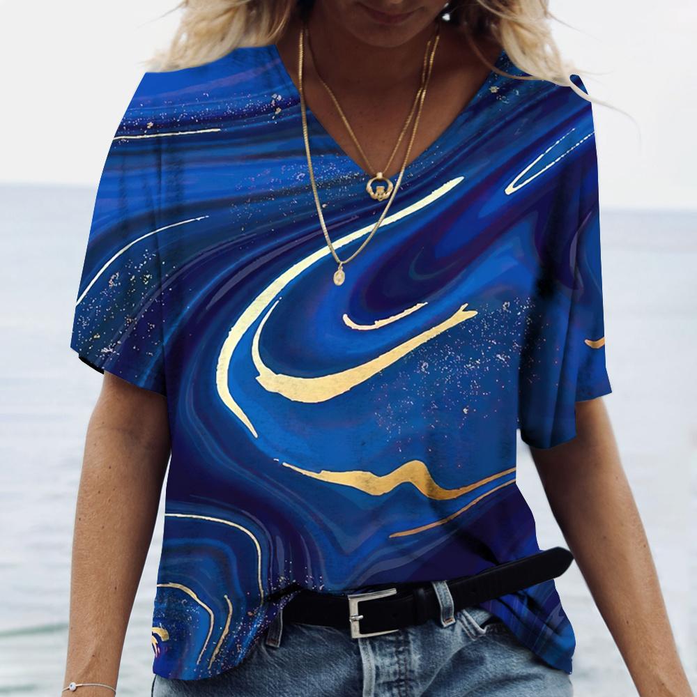 New Marble Gradient 3D Print T-Shirts Women V-Neck Short Sleeve T Shirt Y2k Harajuku Oversized