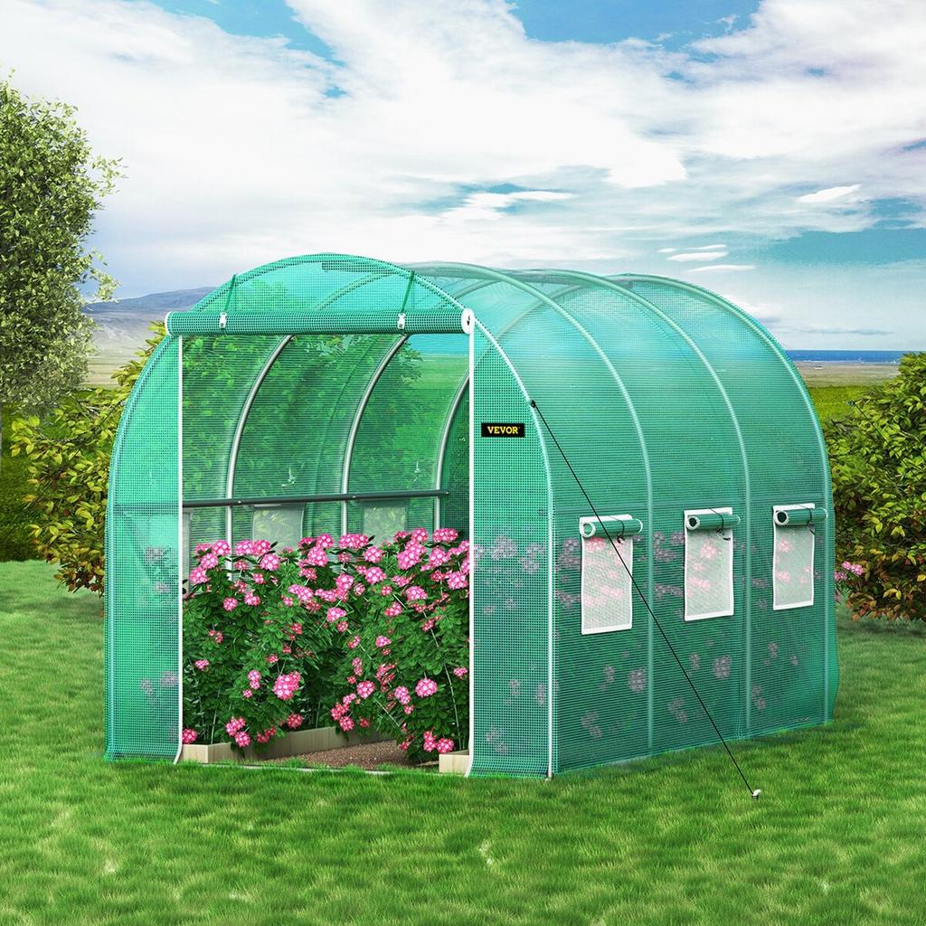 Walk-in Tunnel Greenhouse, 10 x 7 x 7 ft Portable Plant Hot House w/ Galvanized Steel Hoops, 1 Top Beam, Diagonal Poles, Zippered Door & 6 Roll-up