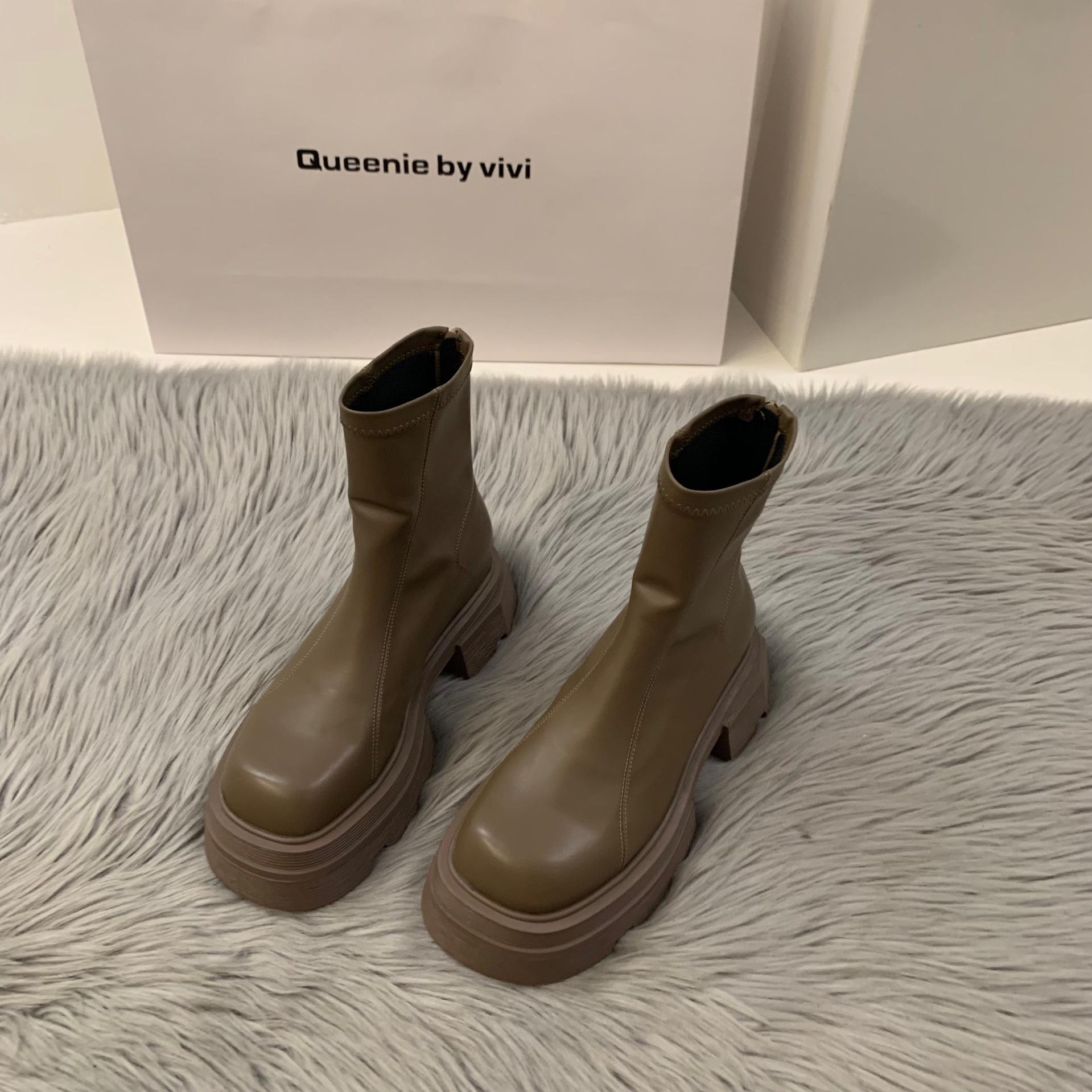 

[SuDing] thick-soled coffee-colored square-headed Martin boots women s shoes 2025 new velvet thin spring, autumn and winter short boots 40 хаки