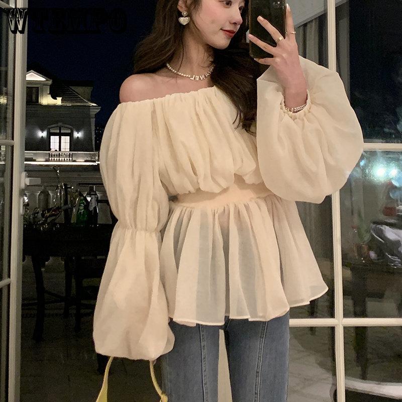 WTEMPO Off Shoulder Sexy Chic Sweet Crop Top Damen Sommermode Casual Lange Rüschenärmel Lose Fee Kawaii T-Shirt