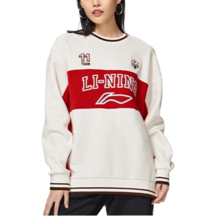 Li Ning Sports Lifestyle Series Logo Color Block Loose Fleece Crew Neck Long Sleeve Sweatshirt Winter Women sweatshirt Off-White AWDSH70-1