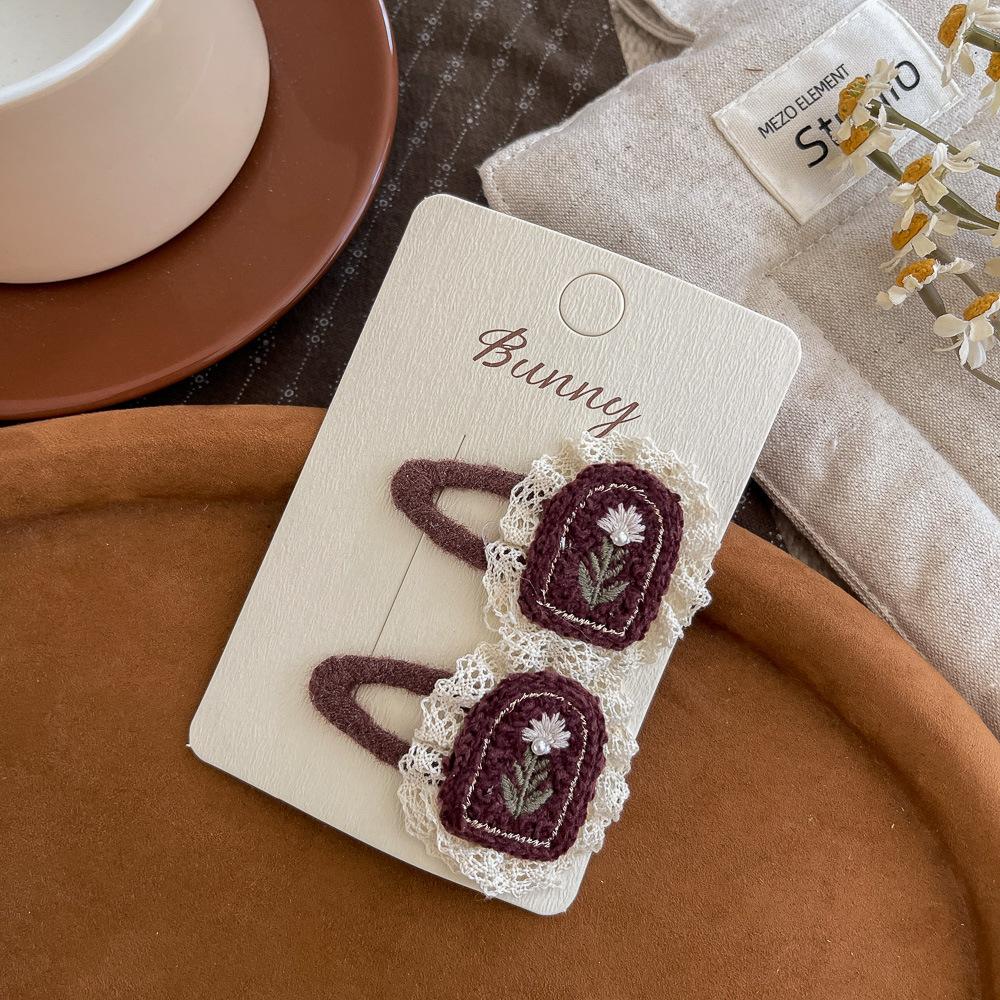 Цветок BB-зажим Детская заколка для волос Корейская девочка Боковая заколка для челки Новая Кофейного цвета Шерстяная вышитая заколка для волос One Size