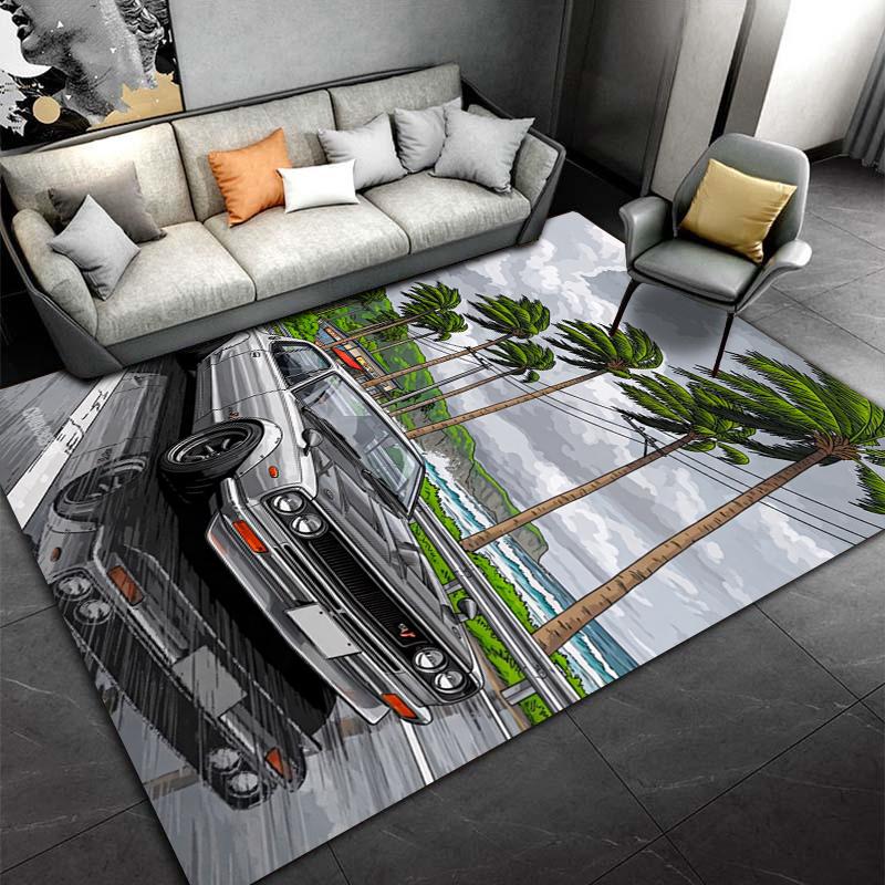 Retro Car and Palm Tree Design Carpet for Living Room Decor, Gray Suitable for Use As an Anti-slip for Living Room Bedroom Sofas