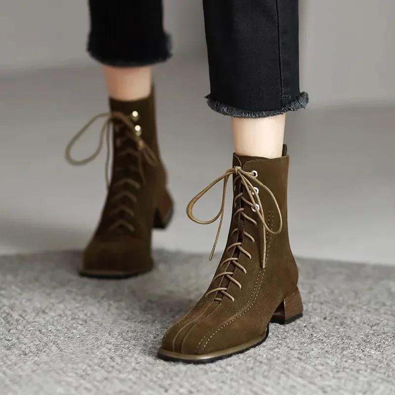 2025 Fashion Women's Shoes Back Zip Women's Boots Fashion Front Lace-up Modern Boots Women Hot Sale Square Heel Ankle Boots