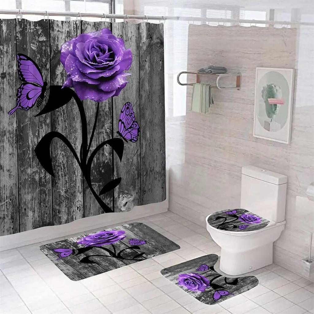 Purple Rose Moon Shower Curtain Waterproof Polyester Washable Non-Slip Mat Rugs Carpet Toilet Seat Cover Bathtub Bathroom Decor