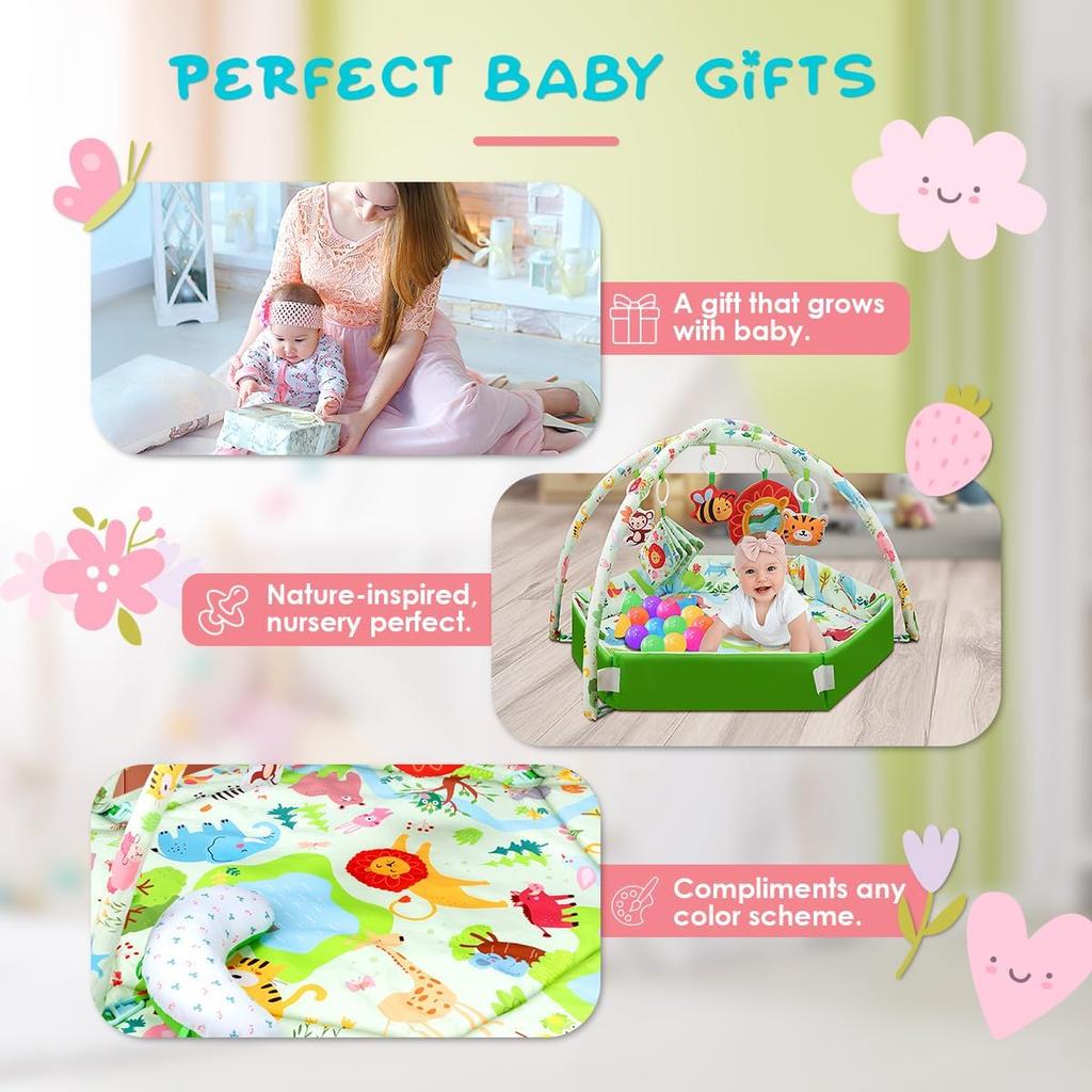 Baby Play Mat,Tummy Time Mat with 6 Detachable Toys-Activity Gym for Visual, Auditory & Motor Development-Washable Baby Activity Mat for 0-12 Month
