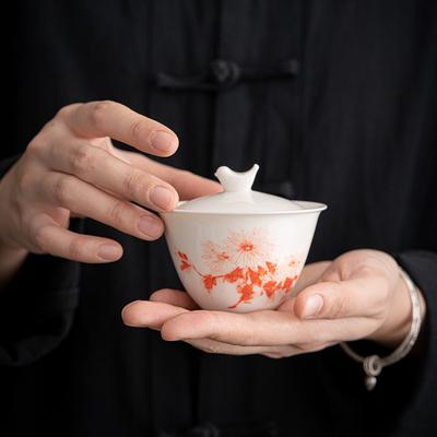White Porcelain Sancai Teacup Ceramic Hand-Painted Gaiwan Chinese Kung Fu Tea Brewing Bowl Retro Tea Ceremony Set Tureen Teaware