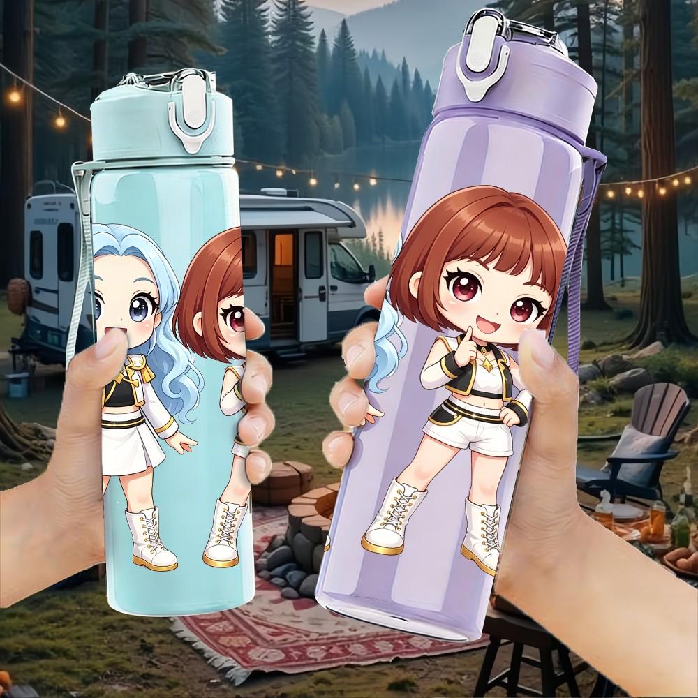 1PC Three Chibi Game Girl Characters 750ml Color Plastic Sports Water Bottle Leakproof Flip Straw Lid For Sports Office Home Use