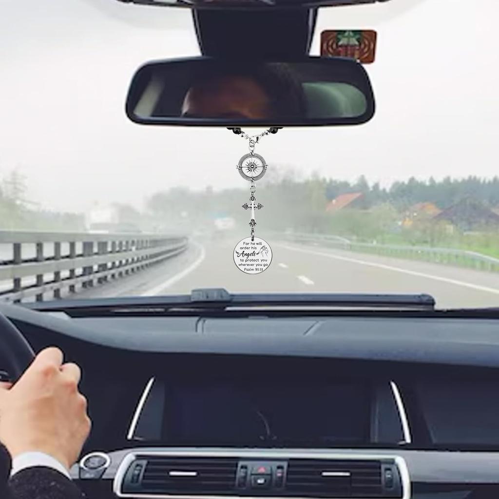 Car Cross Charms Christian Car Accessories Rear View Mirror Hanging Accessories for He Will Order His Angels to Protect You Wherever You Will Go Cars