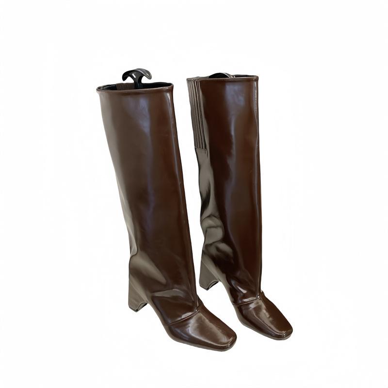 Niche Square Head Coarse Heel Fiber Leather Tall Pants Boots Fried Street Spice Girls Height Up White But Knee Boots Knight Boots