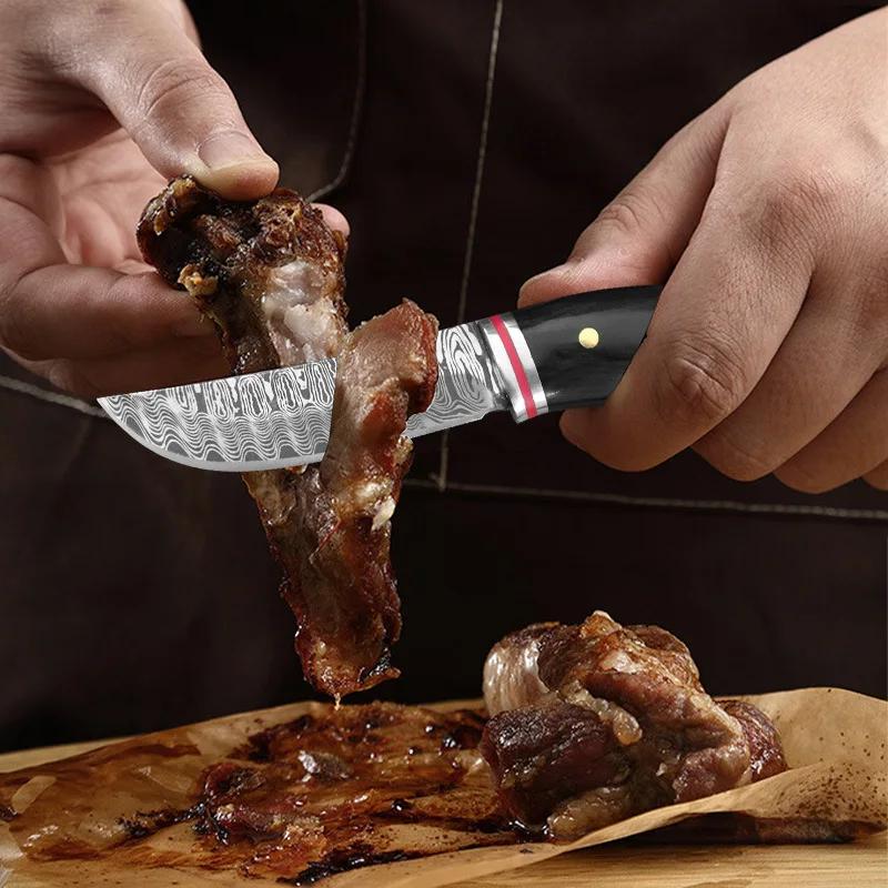 Kitchen Boning Knife Damascus Pattern Utility Knife Stainless Steel Barbecue Fishing Meat Cutting Tools with Sheath