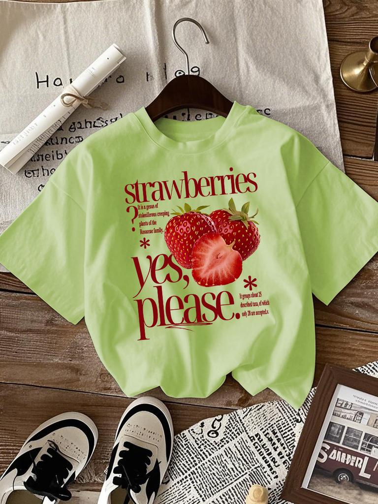 Strawberries Fruit Yes Please Printed Tee Shirts Woman Cotton Crewneck T Shirt Sport All-Match Streetwear Casual Loose Clothes