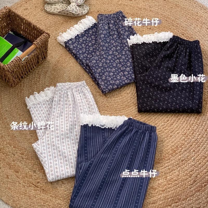 Pure cotton polished lace house pajama pants autumn and winter new home pants thin mid-waist trousers can be worn outside