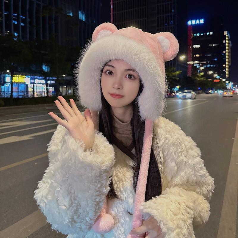 Warm Winter Scarf Bear Plush Hat Scarf Integrated Thickened Ear Protection Hat Cold Protection Lei Feng Hat Two in one