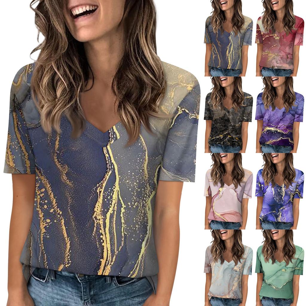 Women's Fashion Casual V-Neck Short Sleeve Gradient Printed T-Shirt Loose Top