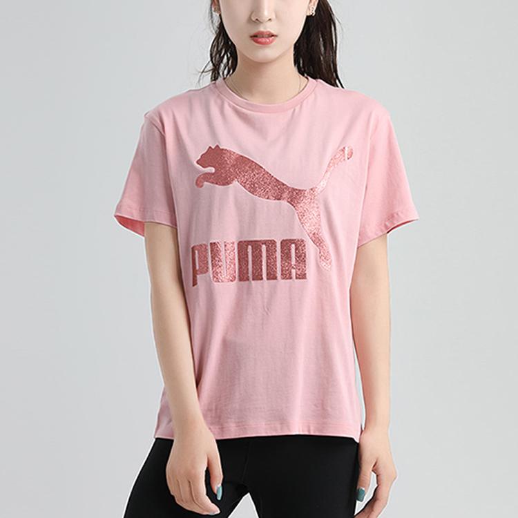 Puma Logo Print Round Neck Short Sleeve T-Shirt Women Tops Pink 530005-14