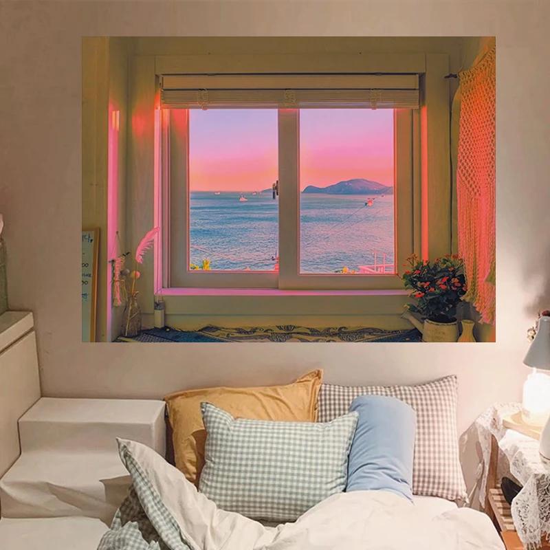 Home Decoration Tapestry Landscape Girl Hook Custom Bohemian Style Dormitory Curtain   Aesthetics