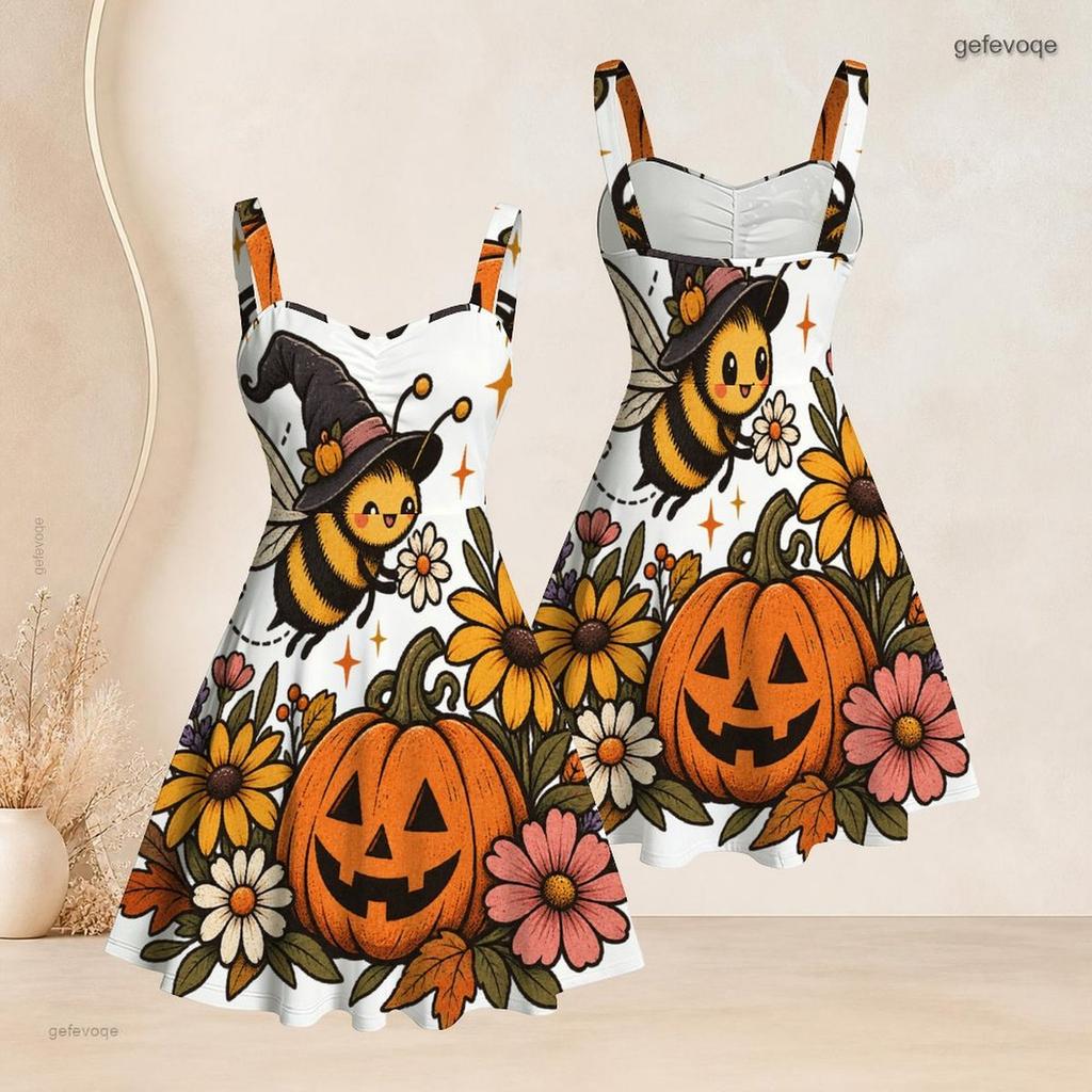 Women Plus Size Off Shoulder Strappy Sleeveless Fitted Waist Ghost Pumpkin Print Flared Dress