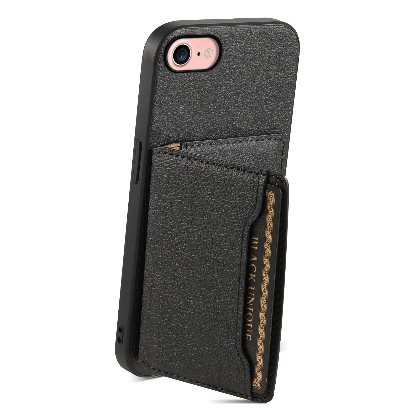 

For iPhone 7/8/SE (2020)/SE (2022) Card Slots Case Calf Texture PU+TPU Kickstand Phone Cover Black